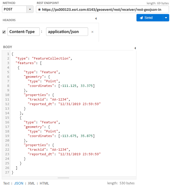 GeoJSON FeatureCollection with two GeoJSON feature records GeoJSON FeatureCollection with two GeoJSON feature records