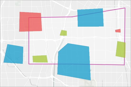 Input colored polygons in blue, red, and green, and a single transparent polygon with a pink outline
